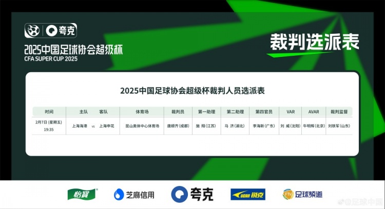  超級杯海港vs申花裁判員名單：主裁判唐順齊，VAR劉威